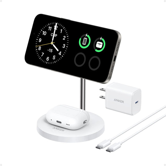 Anker MagSafe Compatible MagGo Charger Stand, iPhone 16 Wireless Charger, 2-in-1 Charging Station, Qi2 Certified 15W Max Charging, for iPhone 16/15/14/13/12, AirPods Pro (White, with 40W Adapter)