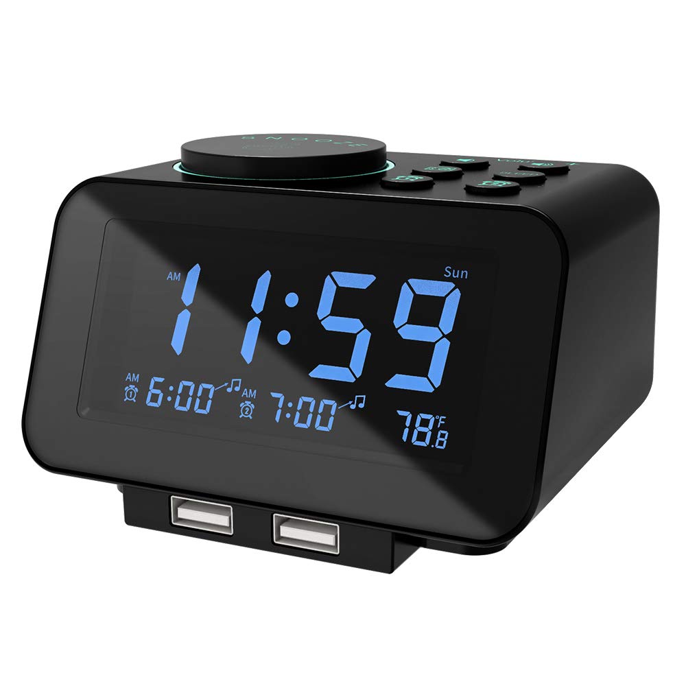 USCCE Digital Alarm Clock Radio - 0-100% Dimmer, Dual Alarm with Weekday/Weekend Mode, 6 Sounds Adjustable Volume, FM Radio w/ Sleep Timer, Snooze, 2 USB Charging Ports, Thermometer, Battery Backup