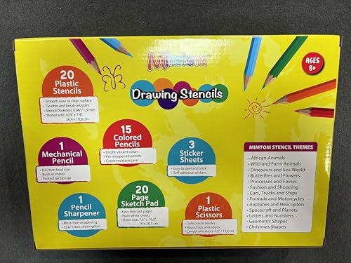 Mimtom Drawing Stencils Kit for Kids | 20 PC Stencil Set with 370+ Shapes Animals, Dinosaurs, Flowers, Letters & Numbers | 15 Colored Pencils, Pencil Sharpener, Sketch Pad & Carrying Case