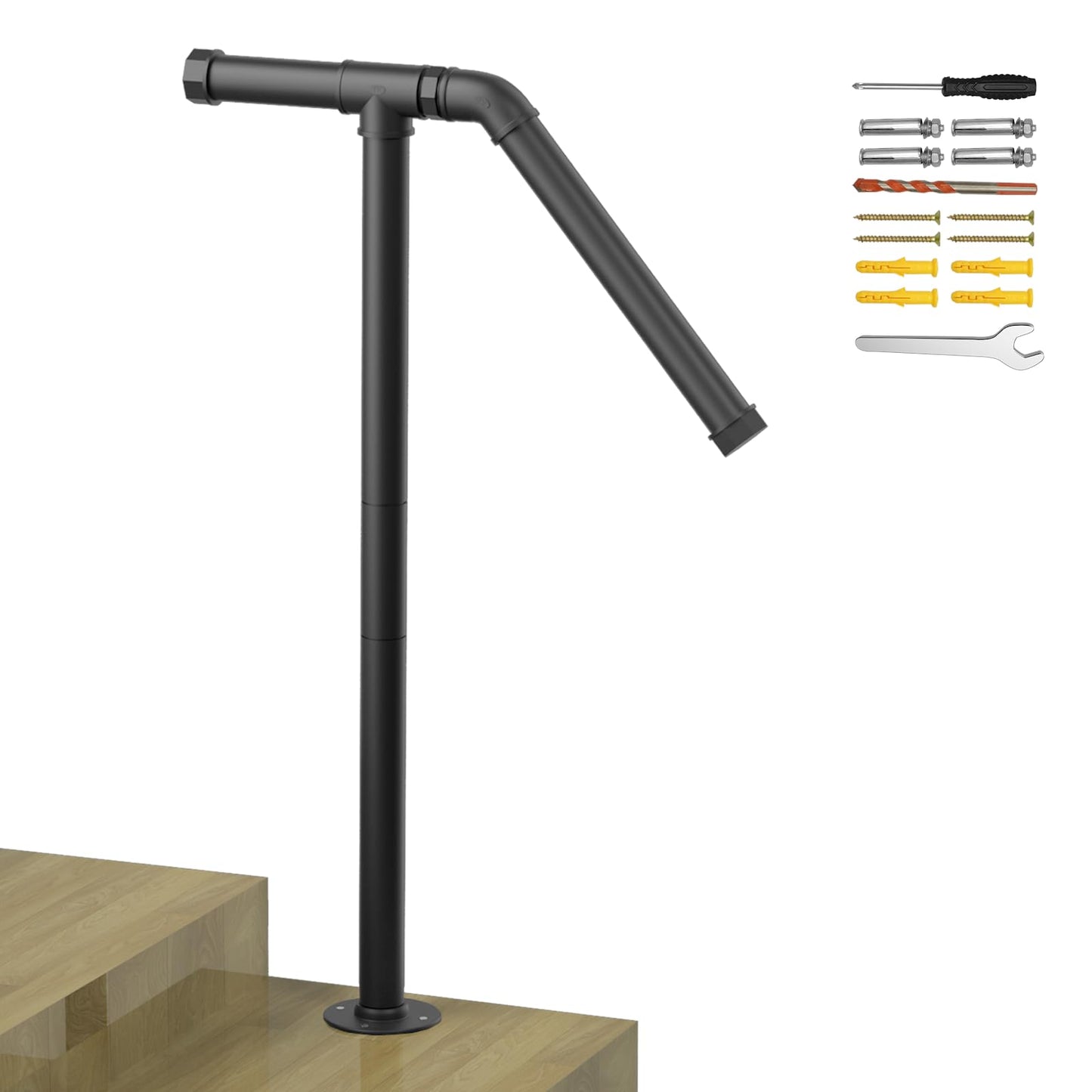 smusei Single Post Outdoor Step Handrail, Black Wrought Iron, Powder Coated, Modern Style, 105cm/47in or 85cm/33in Height, Fits 1-2 Steps, Easy to Install & Clean