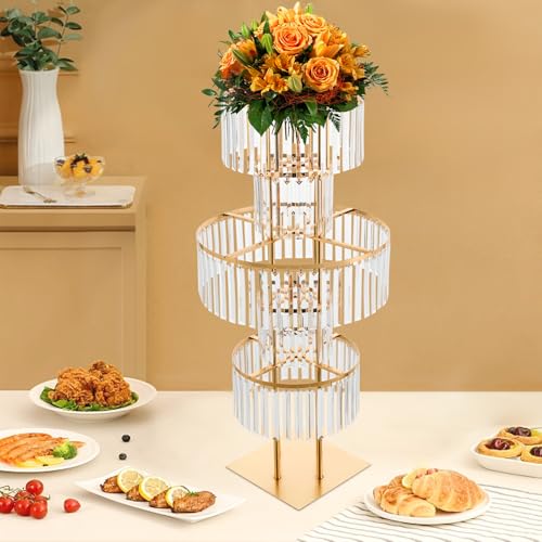 43.3" Tall Gold Flower Stand for Wedding Centerpieces – 5-Tier Clear Acrylic & Metal Centerpiece Stand with Crystal Style Design, 11.8" Base, Perfect for Wedding Tables, Floor Décor & Reception Events