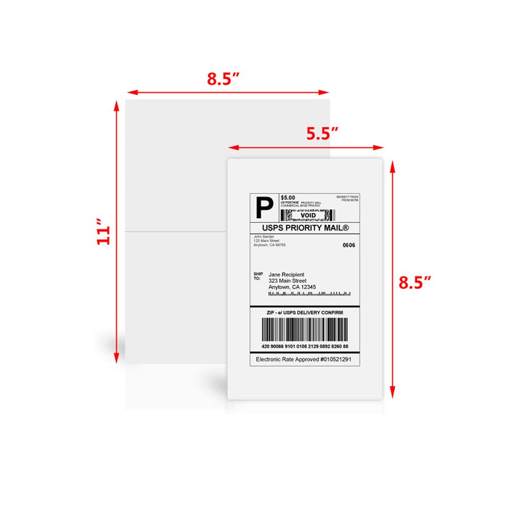 FungLam Shipping Labels 2 per Page - Half Sheet Shipping Labels for Laser & Inkjet Printers - 8.5 x 5.5 Self Adhesive Mailing Labels, White (500 Sheets, 1000 Labels)