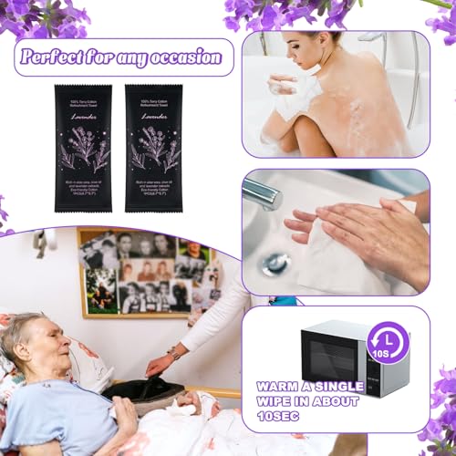 Moist Cotton Towel Bulk Moist Towelettes Individually Wrapped 8.7" x 8.7",White Towel Services,Refreshment Pre Moistened Towels Lavender Scent for Travel Sport Party Spa Dentist Hote (1 Count (Pack of 100), Lavender)