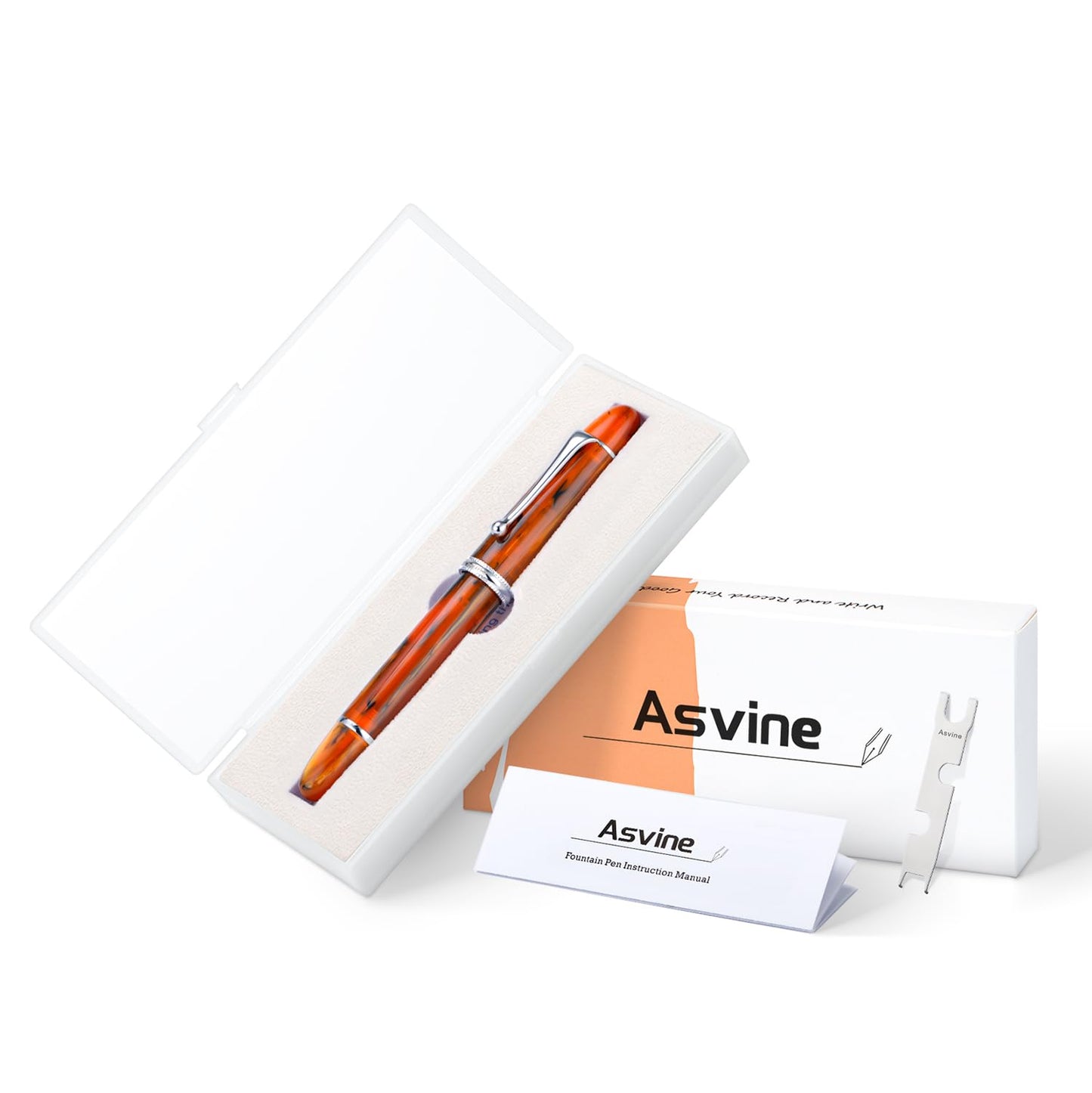 Asvine V800 Fountain Pen, Vacuum Filling System with Large Ink Capacity, Number 8 Nib, 1.1mm Nib, Calligraphy Art Drawing with Key, Amber