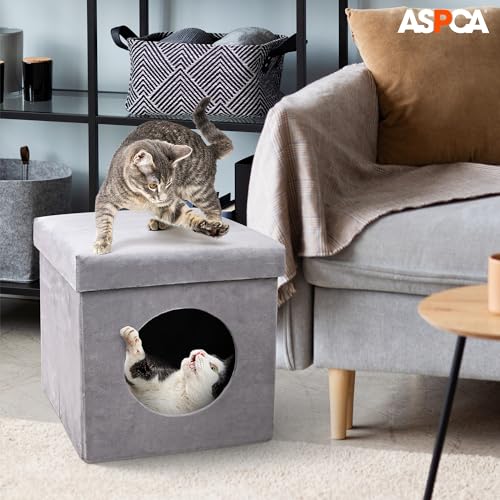 ASPCA Foldable Cat House – Indoor Cat Condo for Small Cats – Felt Cat Hideaway with Cushioned Top – Portable, Cozy Cat Cave – Easy Assembly & Storage – 12.5"x12.5"x13.4", Gray