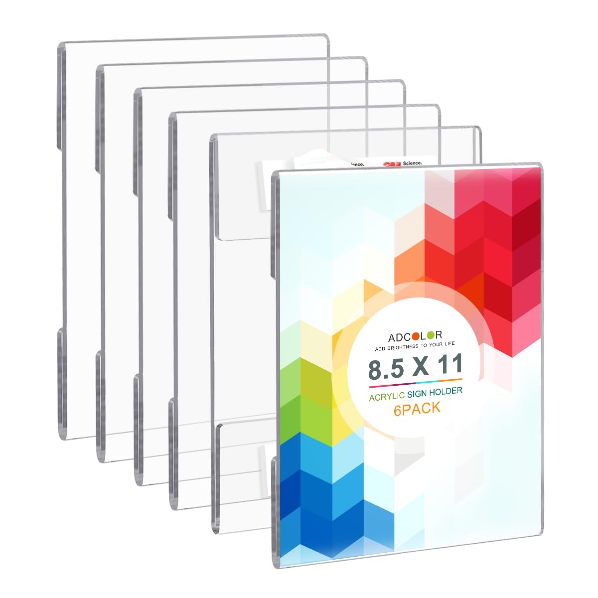 ADColor 6Pack Clear Wall Mount Acrylic Sign Holder 8.5x11 inches, Vertical Plexi Poster Document Flyer Display Holder with Adhesive Tape, Plastic Certificate Ad Picture Frame Set for Door Window Wall Display-No Drill