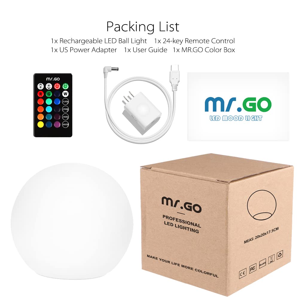 Mr.Go 8-inch Ultra-Fun LED Glowing Ball Light w/Remote, RGB Color Changing Globe Mood Lamp, Kids Night Light, 16 Colors 8 Brightness 4 Lighting Effects, Waterproof, Rechargeable, Stunning Light Orb