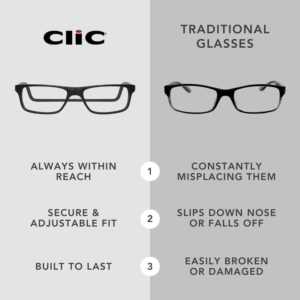 Clic Magnetic Reading Glasses, Computer Readers, Replaceable Lens, Original Long, (M-L, Black, 1.75 Magnification)