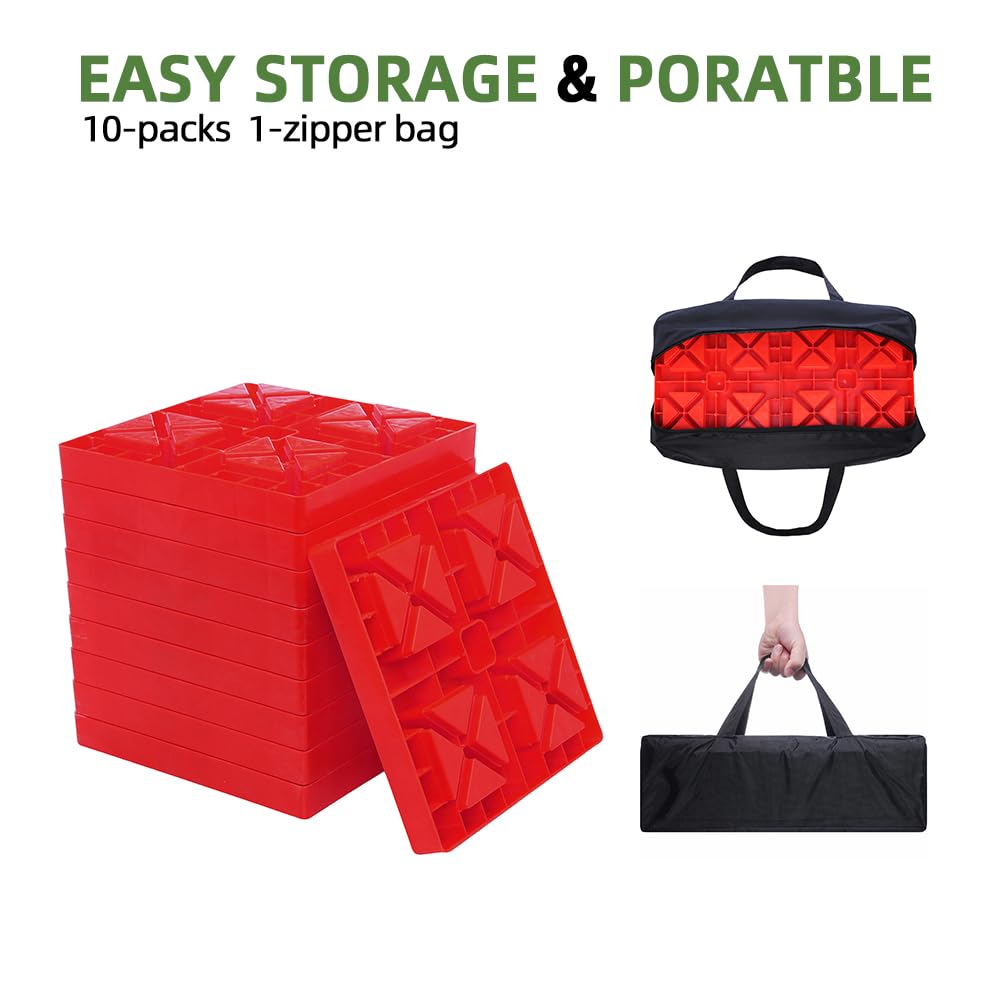 RV Leveling Blocks Heavy Duty 10 Pack Camper Blocks and Interlocking Design Camper Levelers with Packing Bag Carrying Red