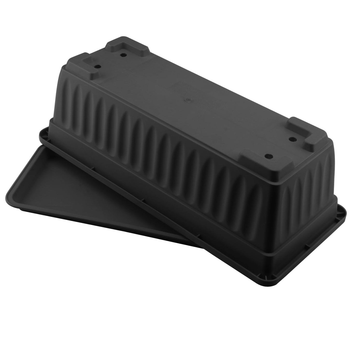 MOUYAT 6 Pcs Black Flower Window Box Planters, 17 x 7.5 x 5.5 Inch Plastic Vegetable Rectangular Flower Plant Pot with Trays and 30 Plant Labels for Garden, Windowsill, Patio, Balcony