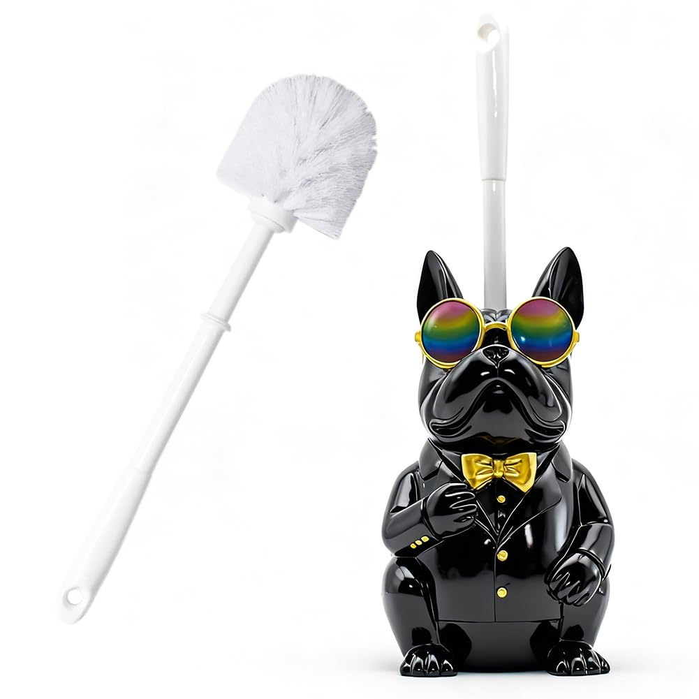Home Luxe Bulldog Toilet Brush and Holder Set, Resin Decorative Dog Design, Weighted Non-Tip Base, Long Handle, Stiff PP Bristles (Suit & Shade - Black)