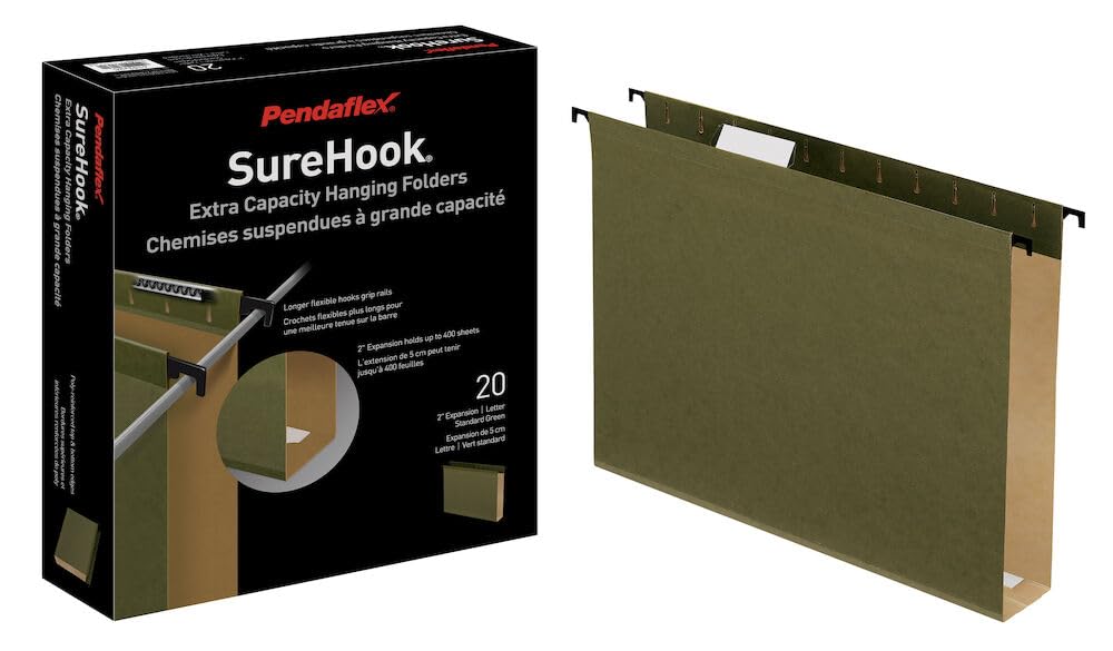 Pendaflex Hanging File Folders, SureHook Reinforced Extra Capacity, Legal Size, Standard Green, 2" Expansion, Durable Plastic-Laminate Strips, Pressboard Insert, Easy Access Dispensing Box, 20/Box
