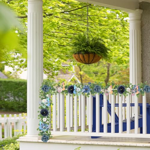 HOMENERGY Eucalyptus Garland with Flowers - 6 Pack 5.9 FT Fake Flower Garland with Butterflies Faux Rose Greenery Garlands for Wedding Table Backdrop Arch Centerpieces Decorations - Navy Blue