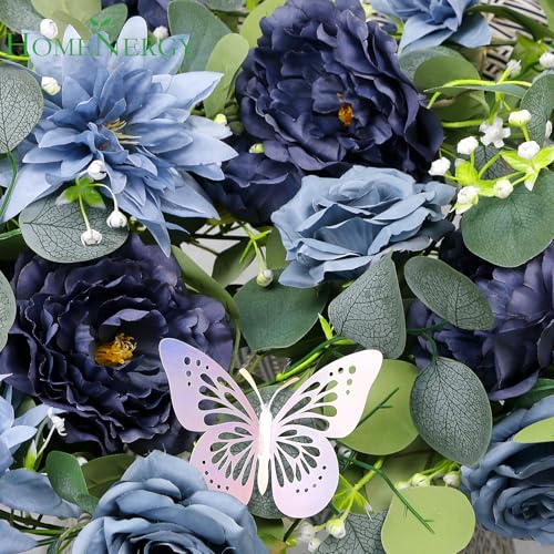 HOMENERGY Eucalyptus Garland with Flowers - 6 Pack 5.9 FT Fake Flower Garland with Butterflies Faux Rose Greenery Garlands for Wedding Table Backdrop Arch Centerpieces Decorations - Navy Blue