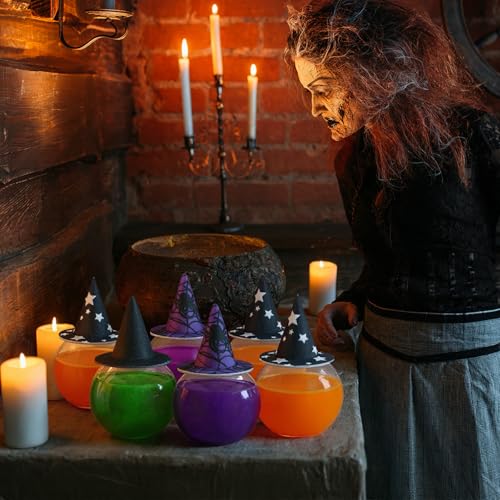 Coume 24 Pcs 6.8oz/ 200ml Spherical Plastic Potion Bottles with Hat Ball Shape Round Bottles for Drink Candy Jar Halloween Party Table Decoration DIY Crafts Gifts Favor