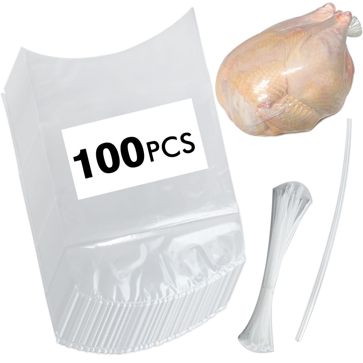 Anmboor Poultry Shrink Bags,chicken bag 100Pack 13x18Inches Clear Poultry Heat Shrink Wrap Freezer With 100 Zip Ties,a Silicone Straw for Chickens,Rabbits, rsd-100