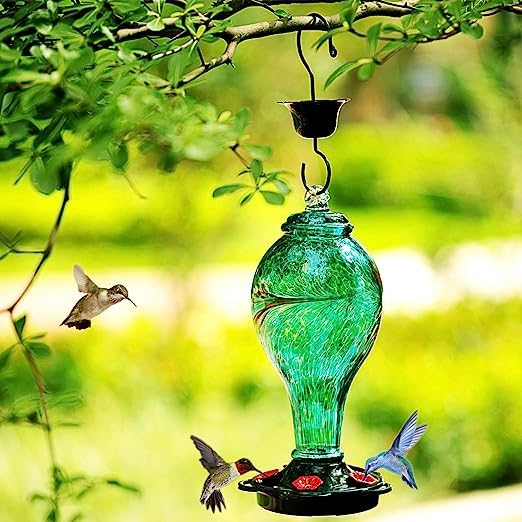 LUJII Hand Blown Glass Hummingbird Feeder for Outdoors Hanging, Leakproof, Never Fade, 36 fl.oz, 5 Feeding Metal Stations, Much Bigger, Garden Backyard Decoration, Great Gift for Bird Lover, Blue