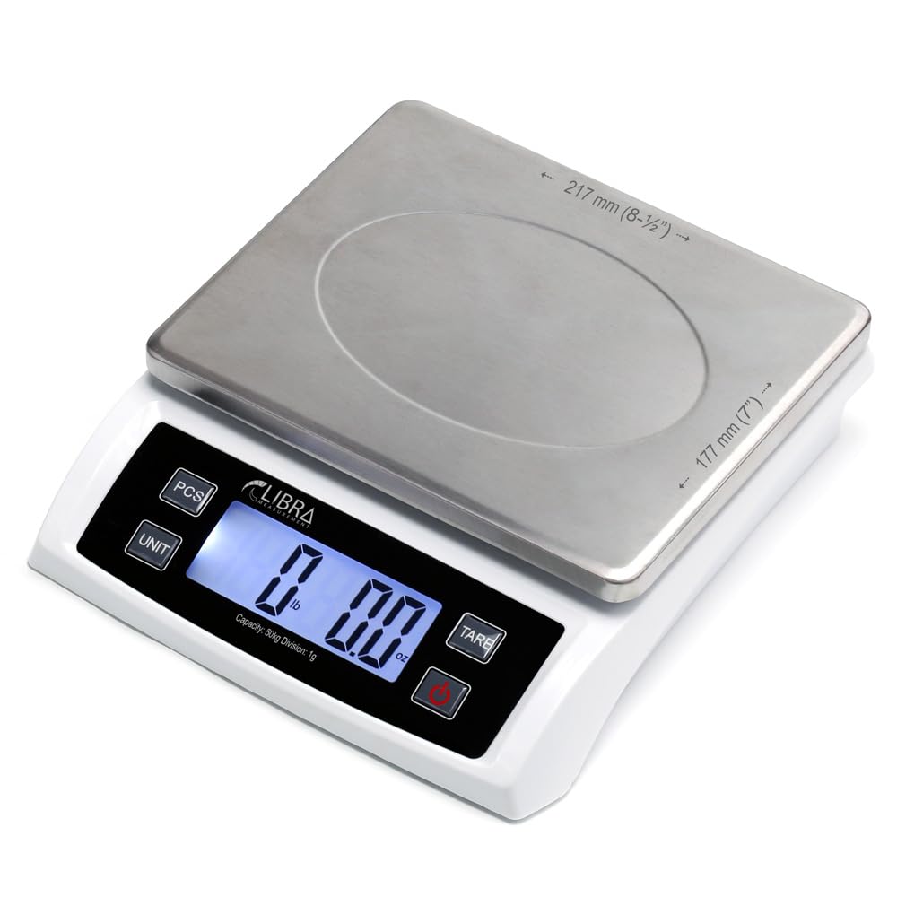 110 lb (50 kg) Digital Postal Scale, Piece Counting, Wide Stainless Steel Pan, Backlit LCD, Multiple Weight Unit, Capacity: Max 50 kg (110 lb), Min 5 g (0.2 oz), Division 1 g / 0.1 oz