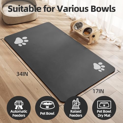 Dog Cat Food Mat Pet Bowl Mat Absorbent No Stains Quick Dry-Innovative Pet Supplies Dog Cat Accessories-Water Dispenser Mat for Messy Drinkers-Dark Grey with Paw Pattern 17"x34"