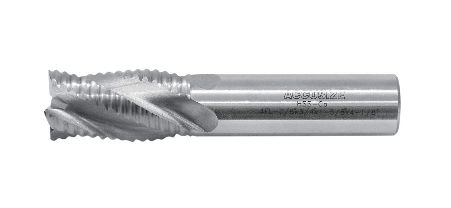 Accusize Industrial Tools 7/8 Inch 4 Flute, 7/8 x 3/4 x 1-5/8 x 4-1/8 Inch M42-8% Cobalt Roughing End Mill, Center Cutting, 1002-0078