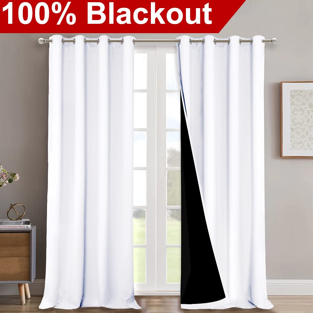 NICETOWN Full Shading Curtains for Windows, Super Heavy-Duty Black Lined Blackout Curtains for Bedroom, Privacy Assured Window Treatment (White, Pack of 2, 52 inches W x 95 inches L)