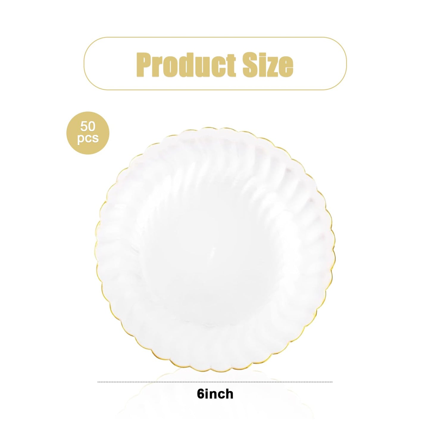 Auch 50 Pack 6 Inch Clear Plastic Plates Gold Rim, Disposable Heavy Duty Salad Dessert Plates- Premium Hard Plastic Plates Fancy Disposable Clear Plates for Weddings, Parties and Events (50 Pack)