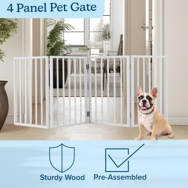 Wooden Pet Gate- Foldable 4-Panel Indoor Barrier Fence, Freestanding & Lightweight Design for Dogs, Puppies, Pets- 72 x24” (White Paint)