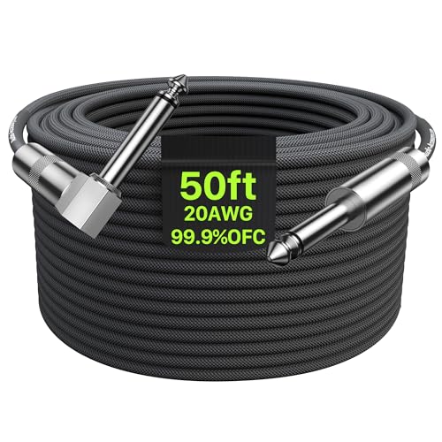 AA AUDIO ACCESSORY 50 ft Guitar Cable, 20AWG 99.99% OFC - A Must for Long Instrument Cable, Nylon Braided Anti-Kinking Kevlar-Reinforced, AL & OFC Shielded 1/4 Bass Amp Cord for Fender Electric Guitar