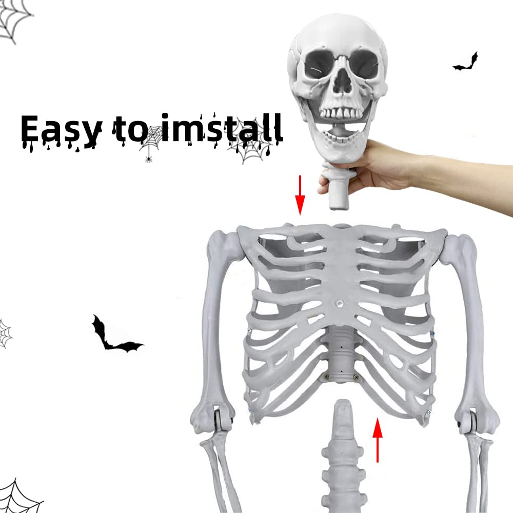 5.4Ft/165cm Halloween Life Size Skeleton Full Body with Movable Joints for Halloween Party Prop Scary Graveyard Haunted House Lawn Yard Decorations (Grey)