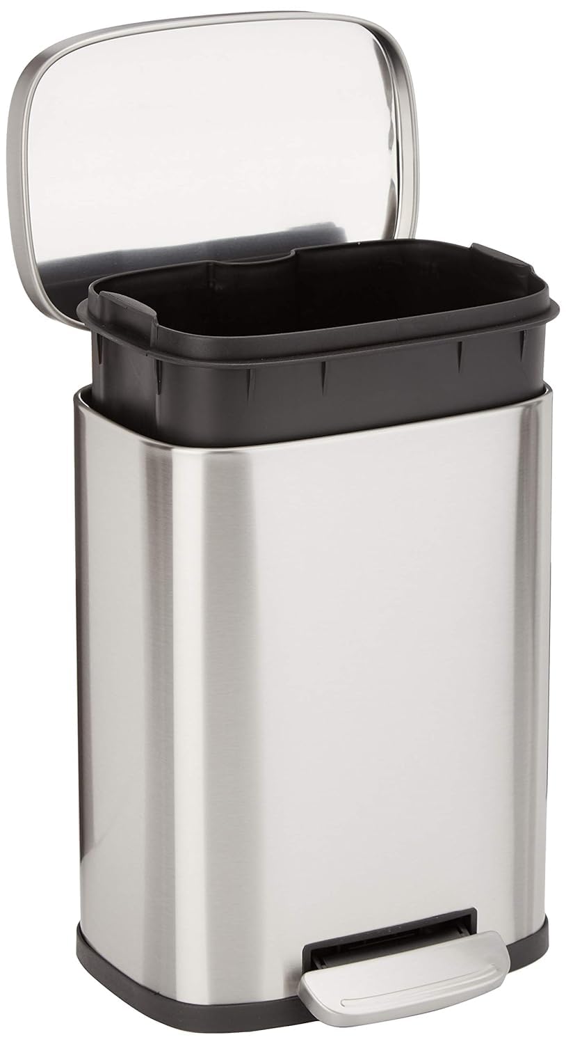 Amazon Basics Smudge Resistant Mini Rectangular Trash Can with Soft-Close Foot Pedal, Brushed Stainless Steel, for Bathroom & Small Space, 5L /1.32 Gal, Satin Nickel Finish, 18.5cm Lx21.6cm Wx30.0cm H