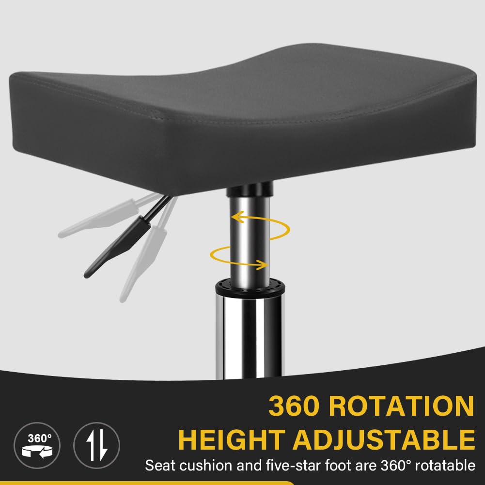 WKWKER Square Rolling Stool with Footrest PU Leather Height Adjustable 360° Swivel Stool with Wheels Massage SPA Salon Stools Task Chair Desk Drafting Bedroom Vanity Stool (Grey)