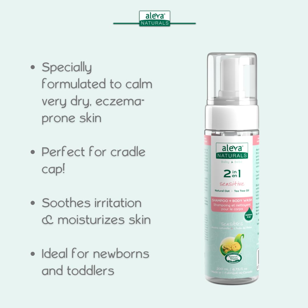 Aleva Naturals Hypoallergenic 2 in 1 Shampoo and Body Wash - Tea Tree Oil Formula, For Sensitive Skin, Perfect for Newborn Babies and Toddlers - Mega Pack- 6 x 200ml= 1.2L Clear