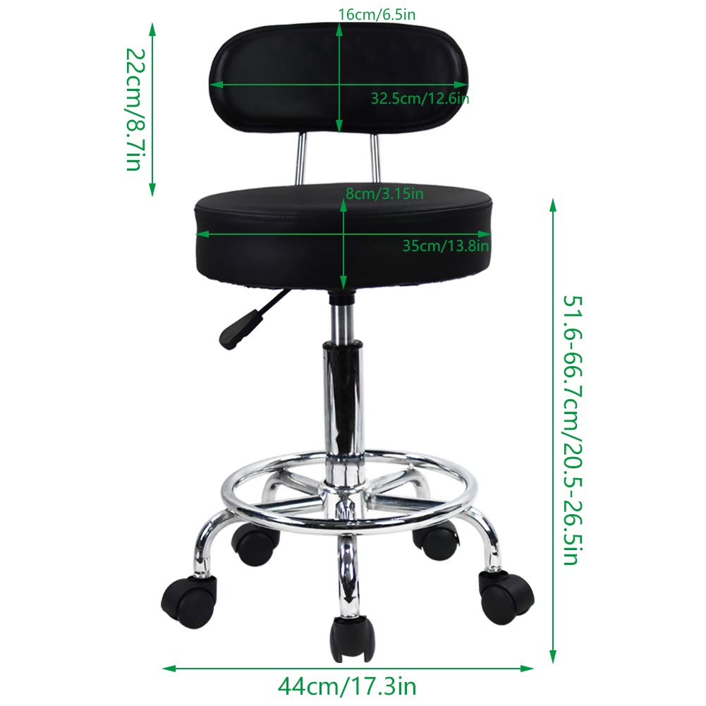 KKTONER PU Leather Round Rolling Stool Mid-Back with Footrest Height Adjustable Office Computer Home Drafting Swivel Task Chair with Wheels (Black)