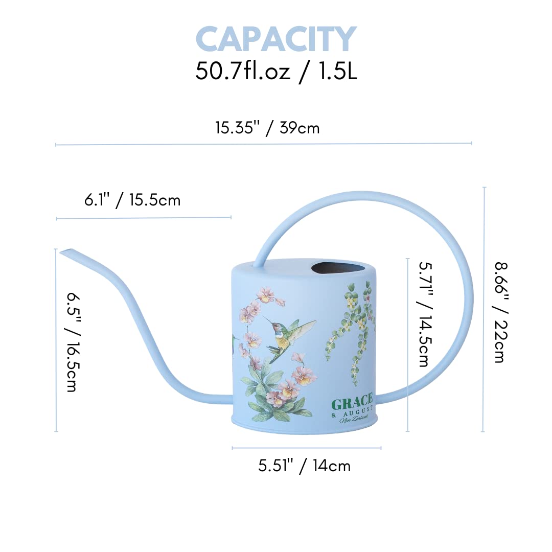 Watering Can for Indoor House Plants & Spray Water Mist Bottle - Cute Decorative Metal Gardening Small Water Can for Houseplants & Flowers with Long Spout - 1.5L 51floz 0.4 Gallon (Hummingbird Blue)