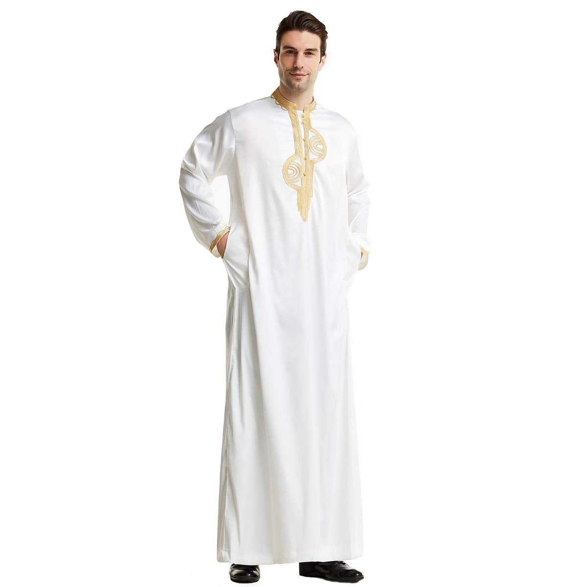 Men Arabic Long Sleeve Embroidery Thobe Stand Collar Kaftan Robe