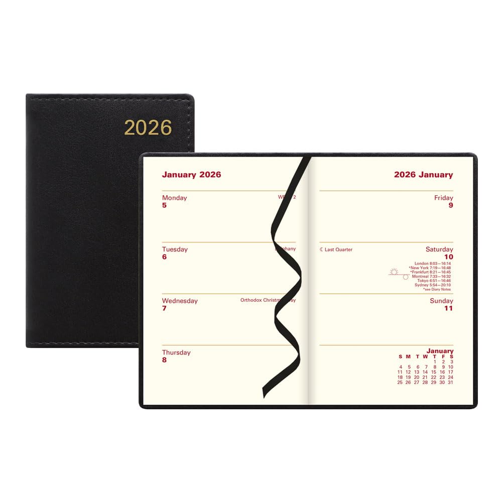 Letts of London® 2026 Belgravia Weekly/Monthly Planner, 12 Months, January to December, Italian Leather, Pocket Size, 4.25" x 2.625", English, Black (C33EBK-26)
