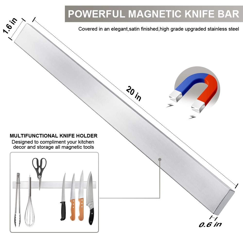 Ninonly 20 Inch Magnetic Knife Strip, Premium Stainless Steel Kitchen Knives Bar,Space-Saving Powerful Magnetic Knife Rack for Home Kitchen Utensil Holder, Art Supply Organizer & Tool Holder