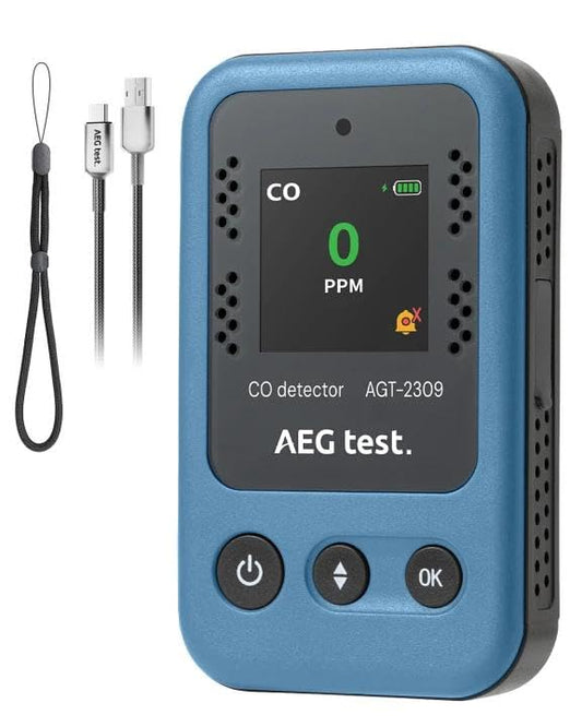 AEGTEST AGT-2309 Portable Carbon Monoxide Detector, 15-Day Standby, Rechargeable Mini CO Monitor with Lanyard for Travel & Camping, Handheld CO Meter with Audible & Visual Alerts, 0-1000ppm - Blue