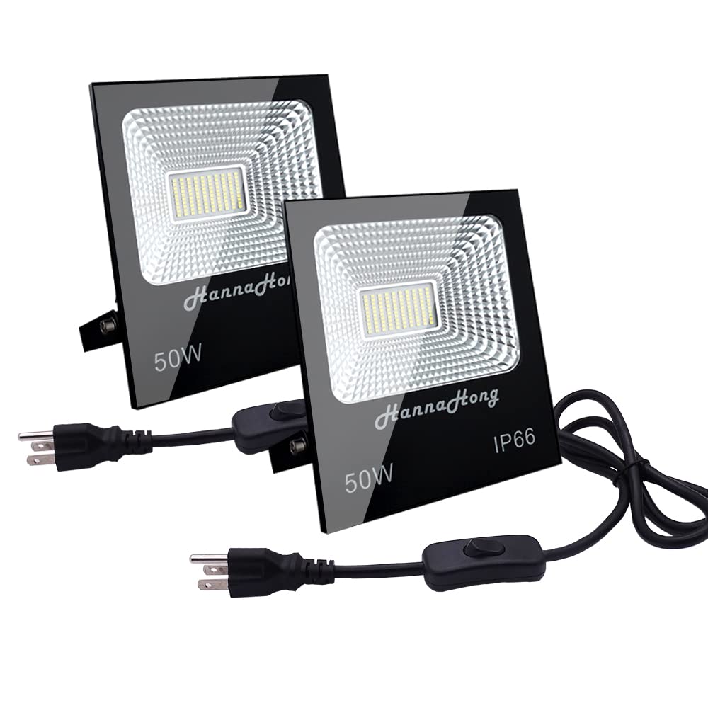 HANNAHONG 50W LED Flood Light with ON/Off Switch Plug in,6000 Lumen,Cool White,Bright Security/Work/Plant Grow Outdoor,IP66 Waterproof,Reflector Spotlight for Porch, Garage,Patio,Yard,Garden(2 Pack)