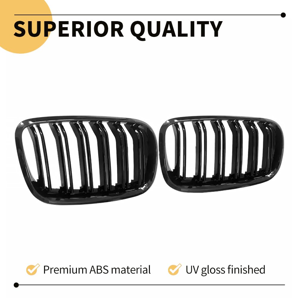 MAXDOM Replacement Front Upper Grill Fit for BMW (2007-2013) X5 E70 (2008-2014) X6 E71 – Gloss Black Double Slats ABS Grille