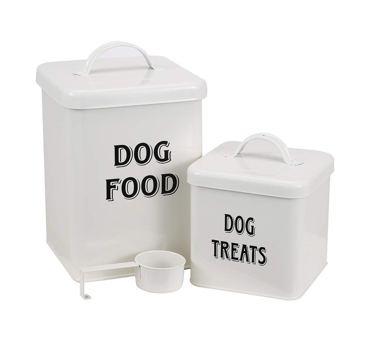 Dog Food and Treats Containers Set with Scoop for Dogs-Vintage White Powder-Coated Carbon Steel-Tight Fitting Lids-Storage Canister Tins-White