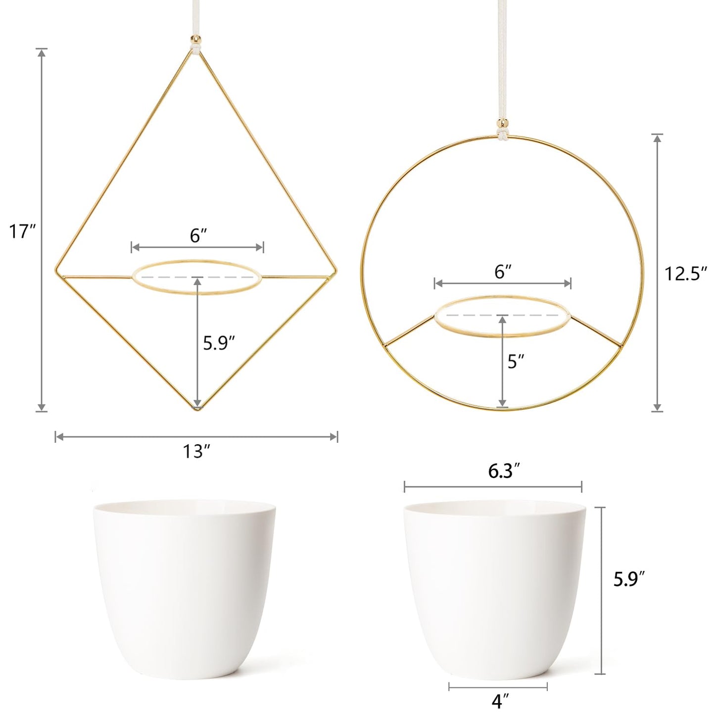 Mkono Boho Metal Hanging Planter with Plastic Pots, Set of 2 , Modern Mid Century Flower Pot Plant Holder in Diamond and Circle Shape, Fits 6 Inch , Gold