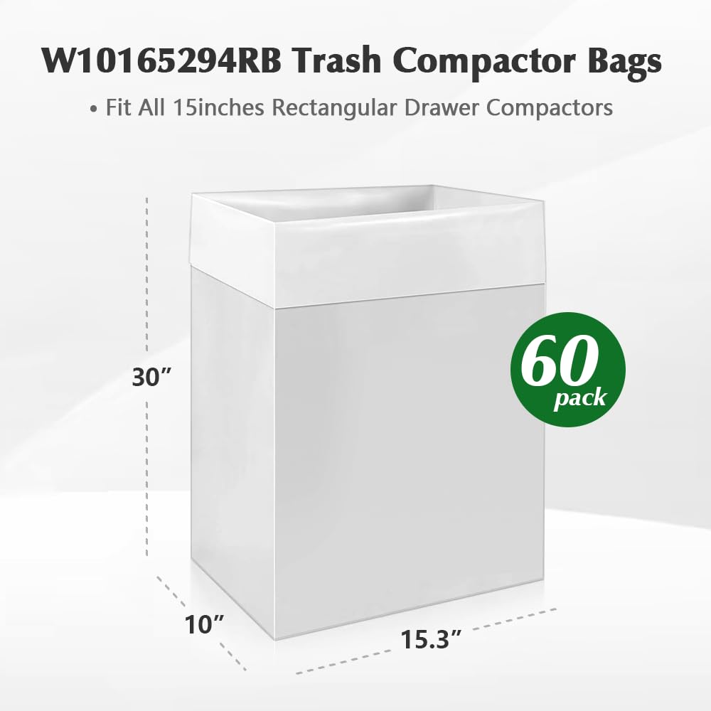 60 Pack W10165294RB Trash Compacts - Leak Proof Kitchen Trash Compacts 60ct 38cm - Fits 15" Rectangular Drawer Compressor