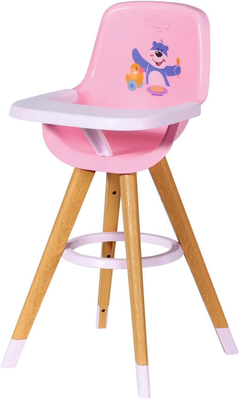 Baby Born High Chair – Doll Feeding Chair with Scandinavian Design – Wood-Look Legs & Pink Seat – Fits Baby Born & Other Dolls – Ages 3+
