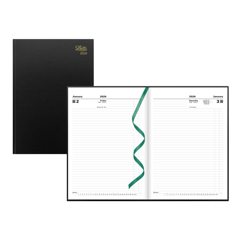 Letts of London® 2026 Standard Daily Planner, 12 Months, January to December, Day-Per-Page, A4 Size, 11.75" x 8.25", Perfect Binding, Leather-Look Cover, English, Black (C10ZBK-26)