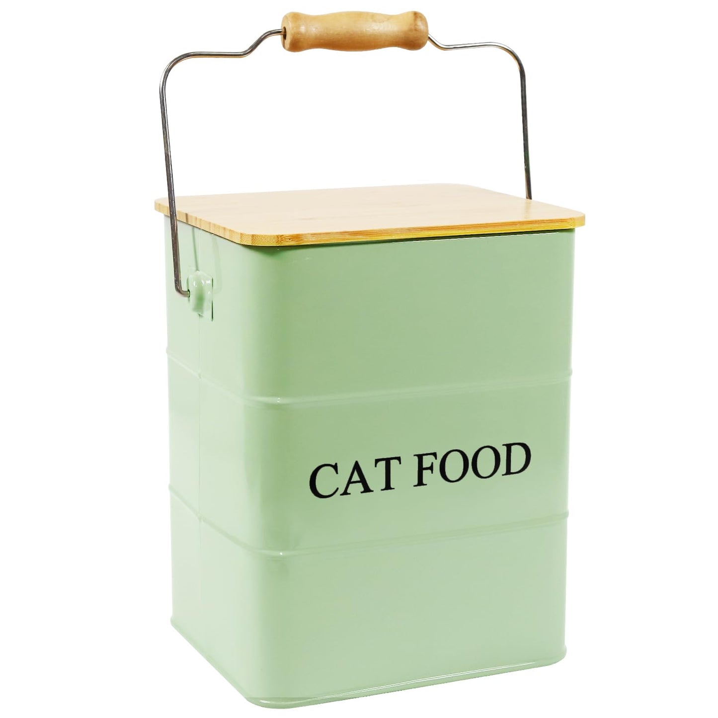 Brabtod Cat Food storage container Cat Treats Jar, Metal food treats tin for Cat, pet snacks Canisters with wooden lid/handle/sevice scoop,hold 5-6 lbs-Green