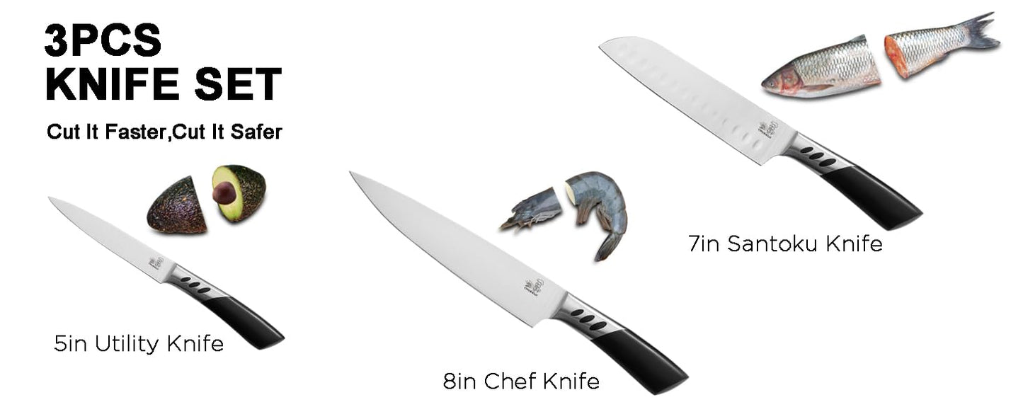 CHUSHIJI Kitchen Knife,3-Piece Stainless Steel Knife Set, Kitchen Knives Set,Chef Knife Set,8 Inch Chef's Knife,7 Inch Santoku Knife,5 Inch Utility Knife,Kitchen Gadgets for Women & Men with Gift Box