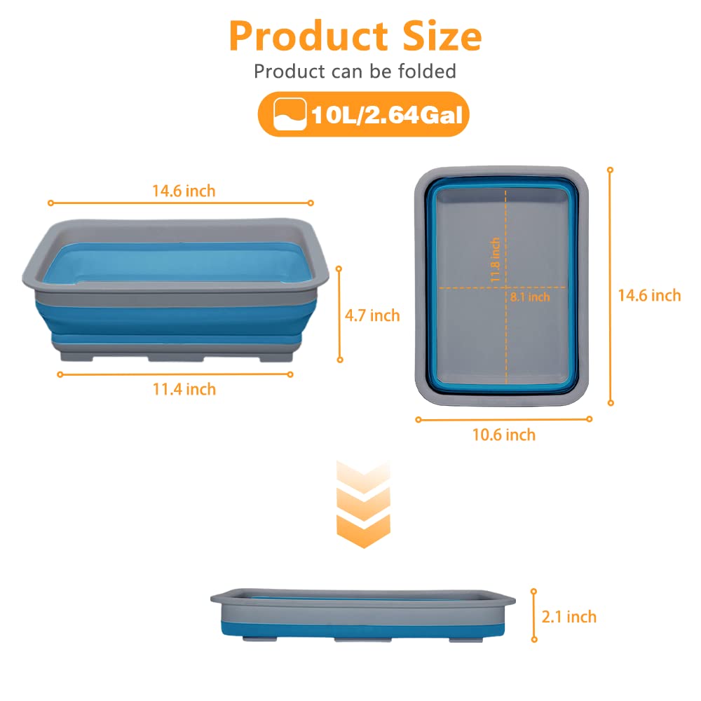 Goderewild Collapsible Dish Pans – 10L (2.6 Gal) Foldable Sink Tub, 14.5'' x 10.5'' x 5", Compact and Space-Saving Multiuse Foldable Basin for Dish Washing, Camping, RV and Vegetable Cleaning