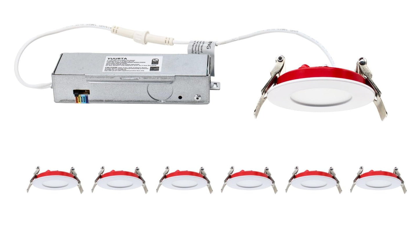YUURTA (6-Pack) 3-Inch 5W 2-Hour Fire Rated Color Selectable 2700K/3000K/3500K/4000K/5000K Ceiling Recessed LED Downlight (Pot Light) 120V 400lm Dimmable Wet Locations IC Rated UL Certified (White)