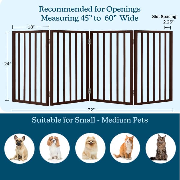 Wooden Pet Gate- Foldable 4-Panel Indoor Barrier Fence, Freestanding & Lightweight Design for Dogs, Puppies, Pets- 72 x24” (Brown Stain)